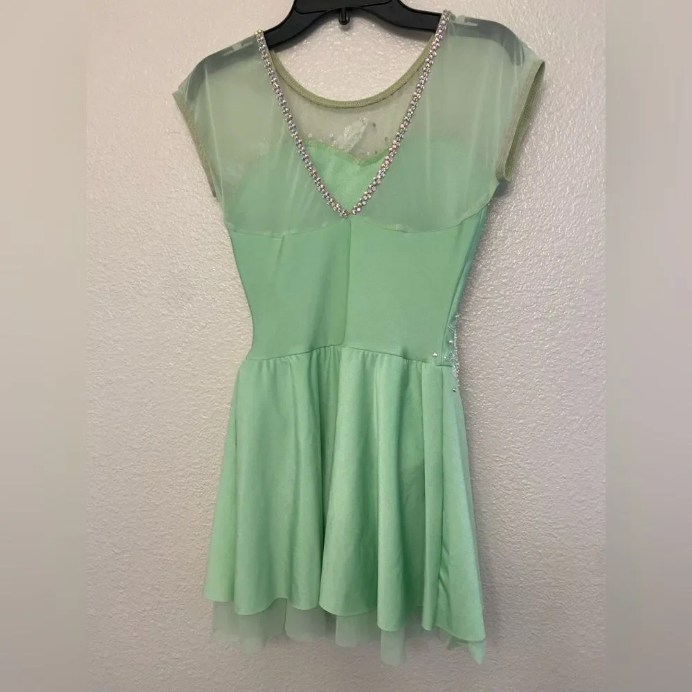 Custom solo dance ice skating ballet costume mint green pastel rhinestoned LC